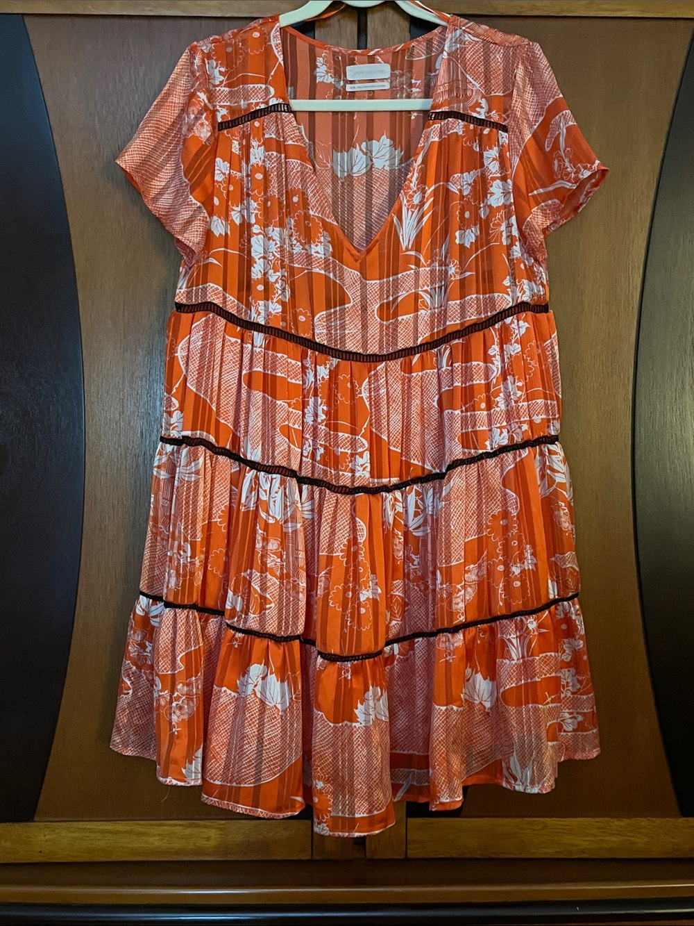 Urban Outfitters Orange Floral Tiered V-Neck Dress w/Black Ladder Lace Trim